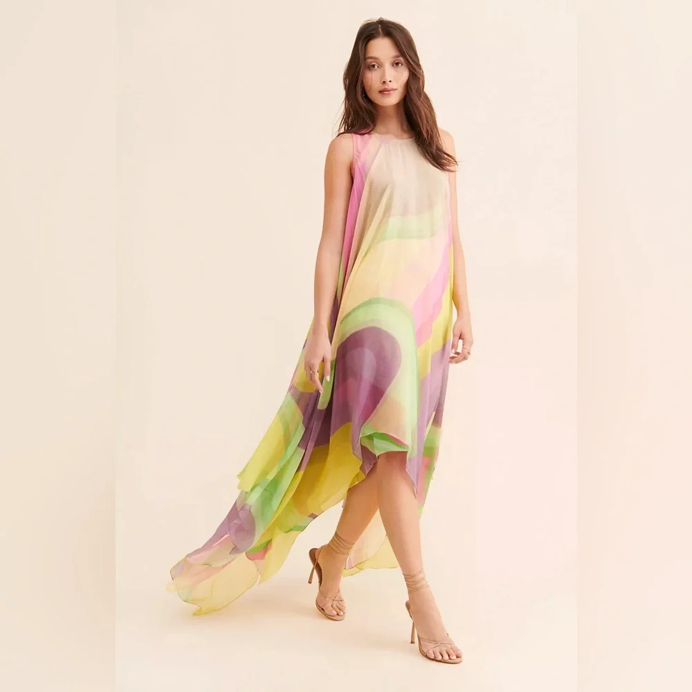 Anthropologie Siddhartha Bansal Organza Tiered Printed Midi Dress NWOT Sz Large - Picture 4 of 7